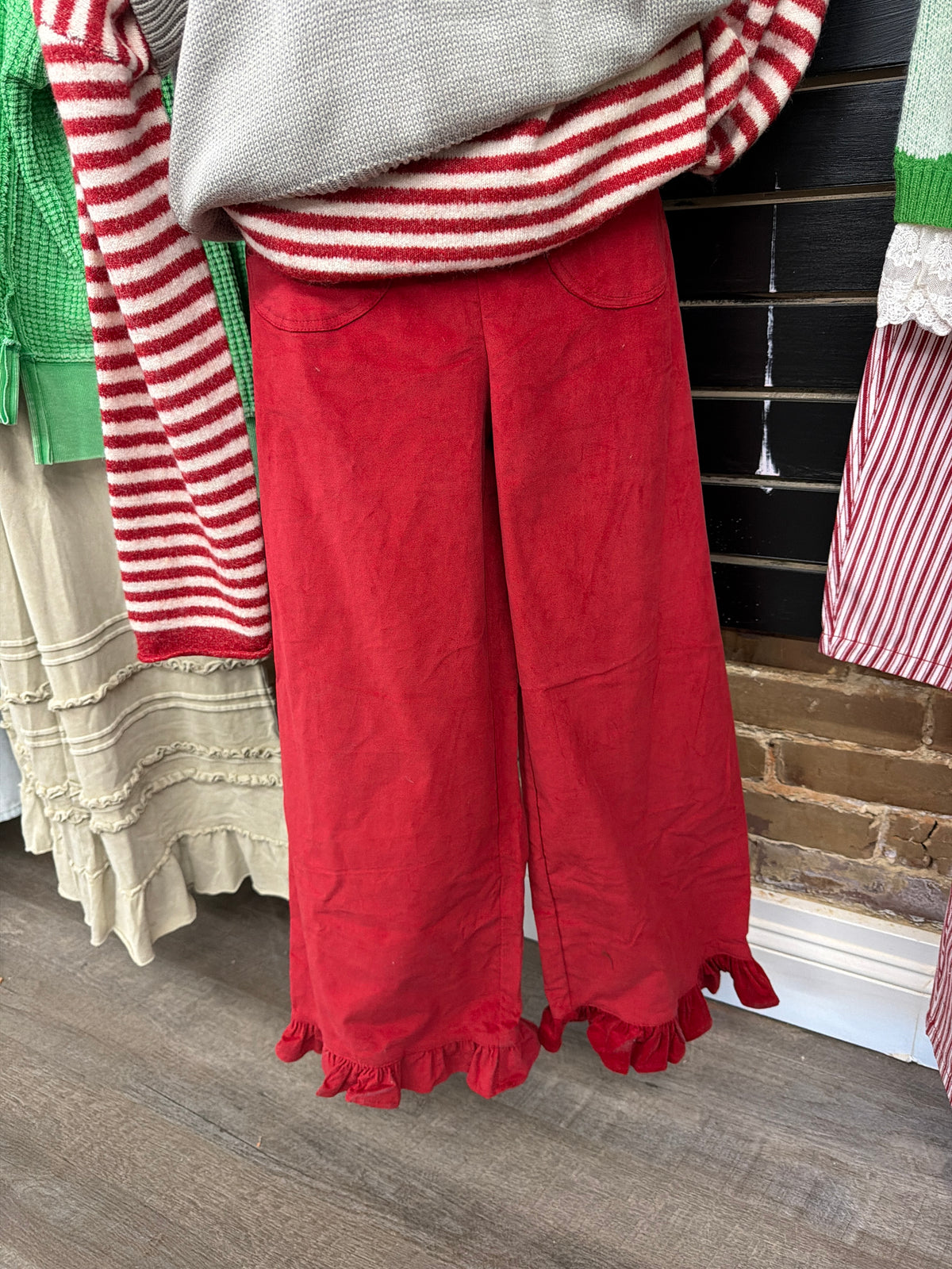 Red Velvet Ruffle Hem Pant