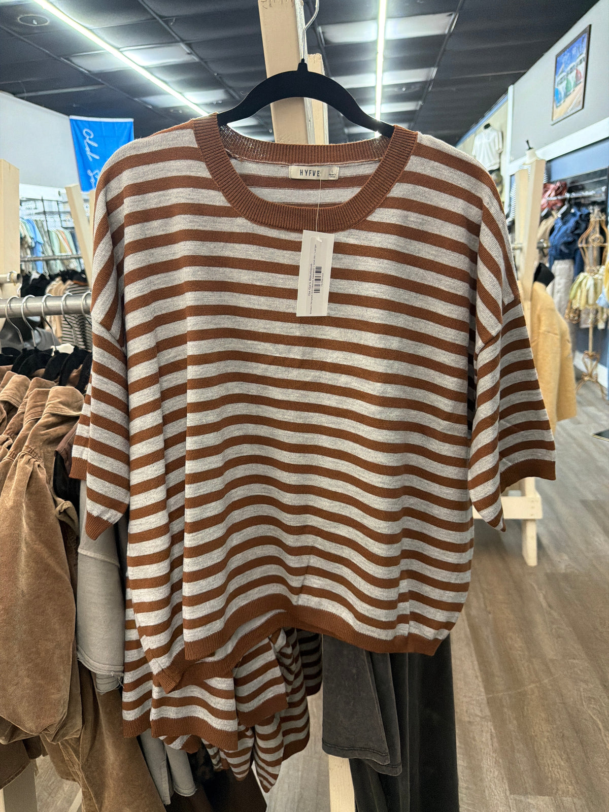 Brown Striped 3/4 Sleeve Sweater
