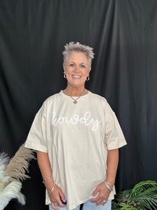 Tan Laced Howdy Applique Relaxed Fit Cotton T Shirt