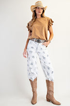 Lt Camel Mineral Washed Ruffle Sleeve Top