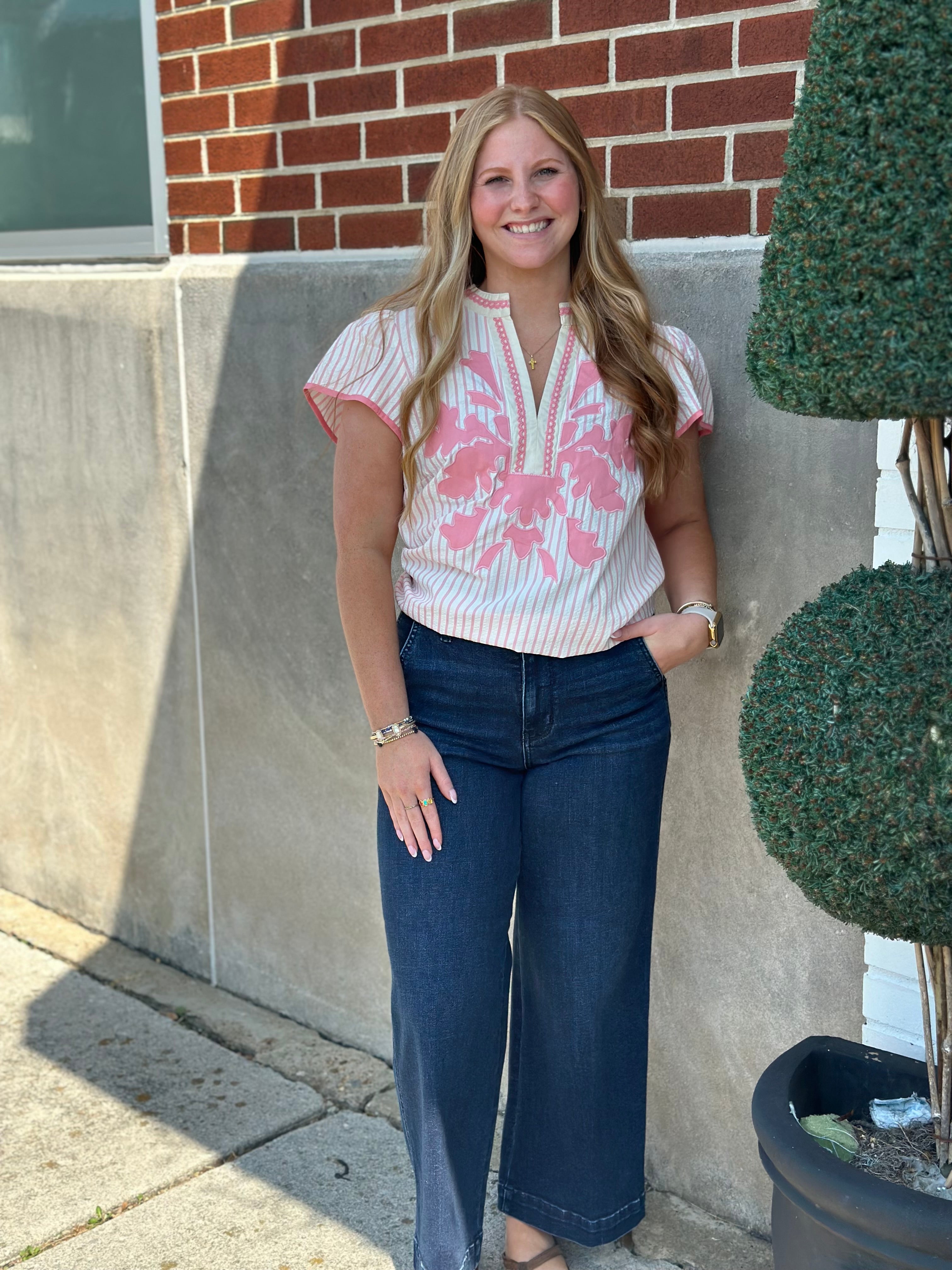 Pink Pinstrip Embroidered Top