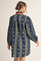 Navy Floral Standing Ruffle Neckline Dress