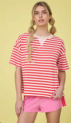 Red STRIPE COLORBLOCK DETAIL SHORT SLEEVE KNIT T-SHIRT