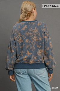 Curvy Denim Color Floral Sweatshirt