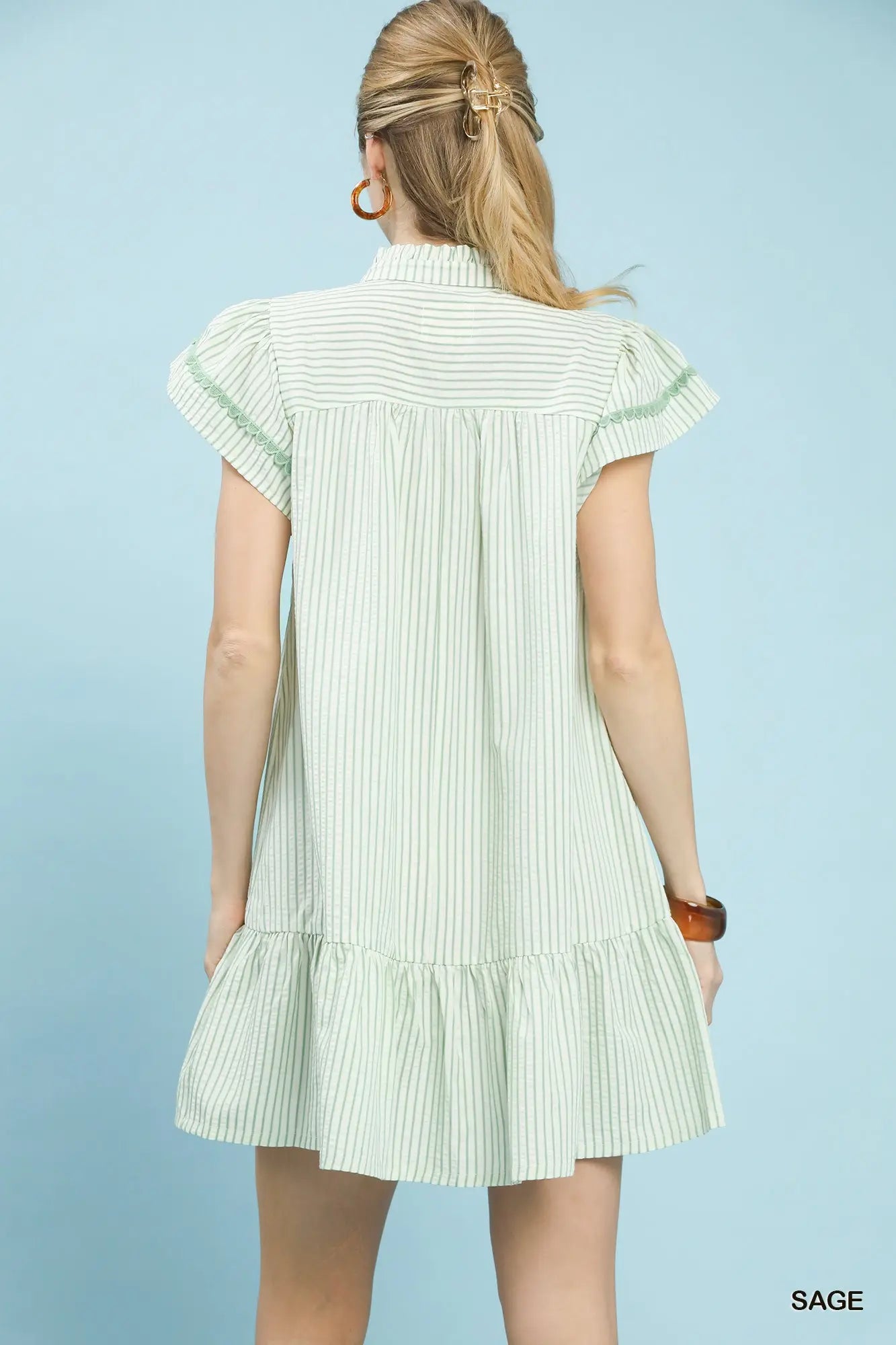 Sage Pinstripe Ruffle Hem Tunic Dress
