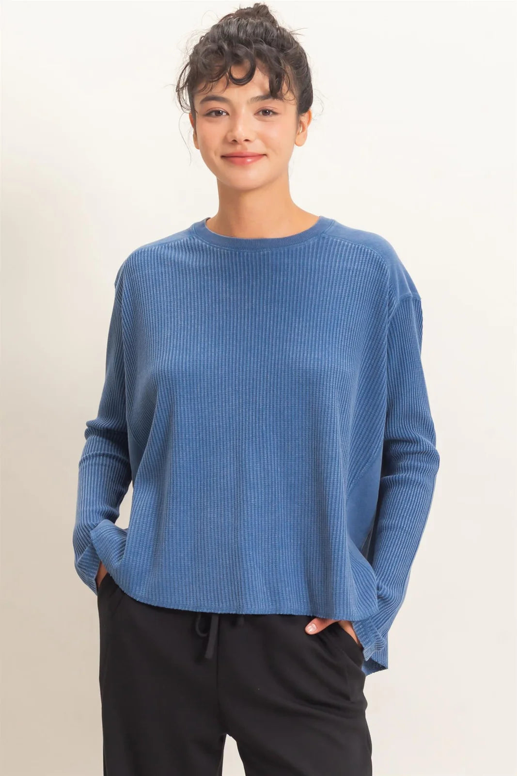 Navy Waffle Oversized Top
