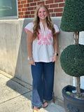 Pink Pinstrip Embroidered Top