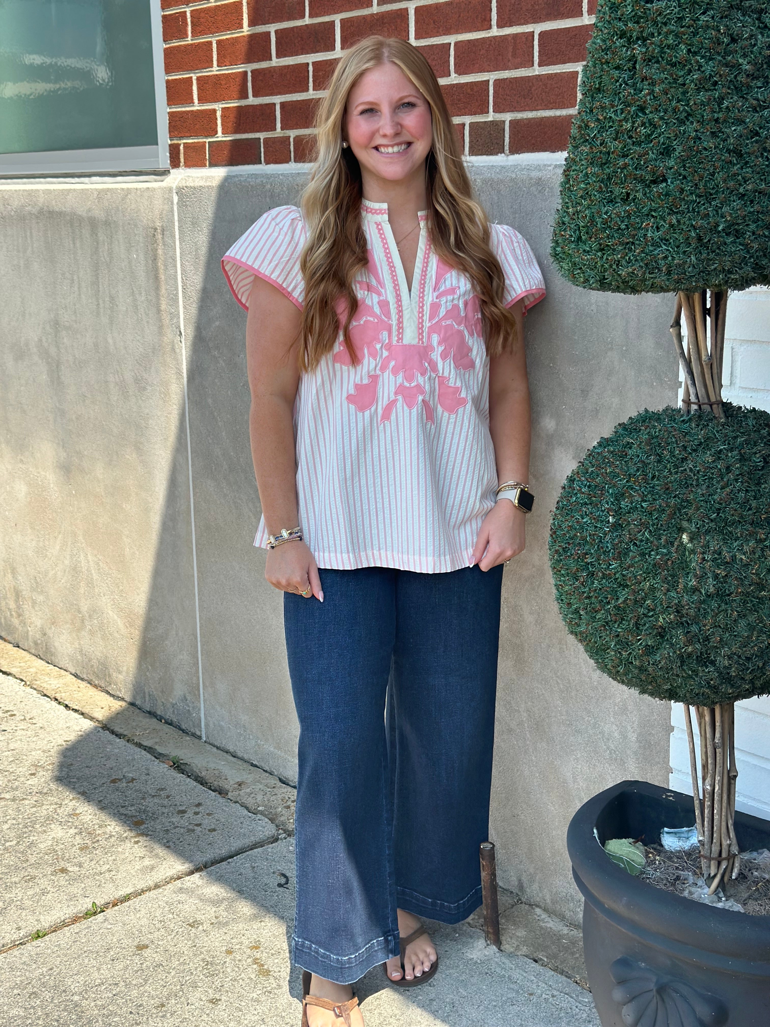 Pink Pinstrip Embroidered Top