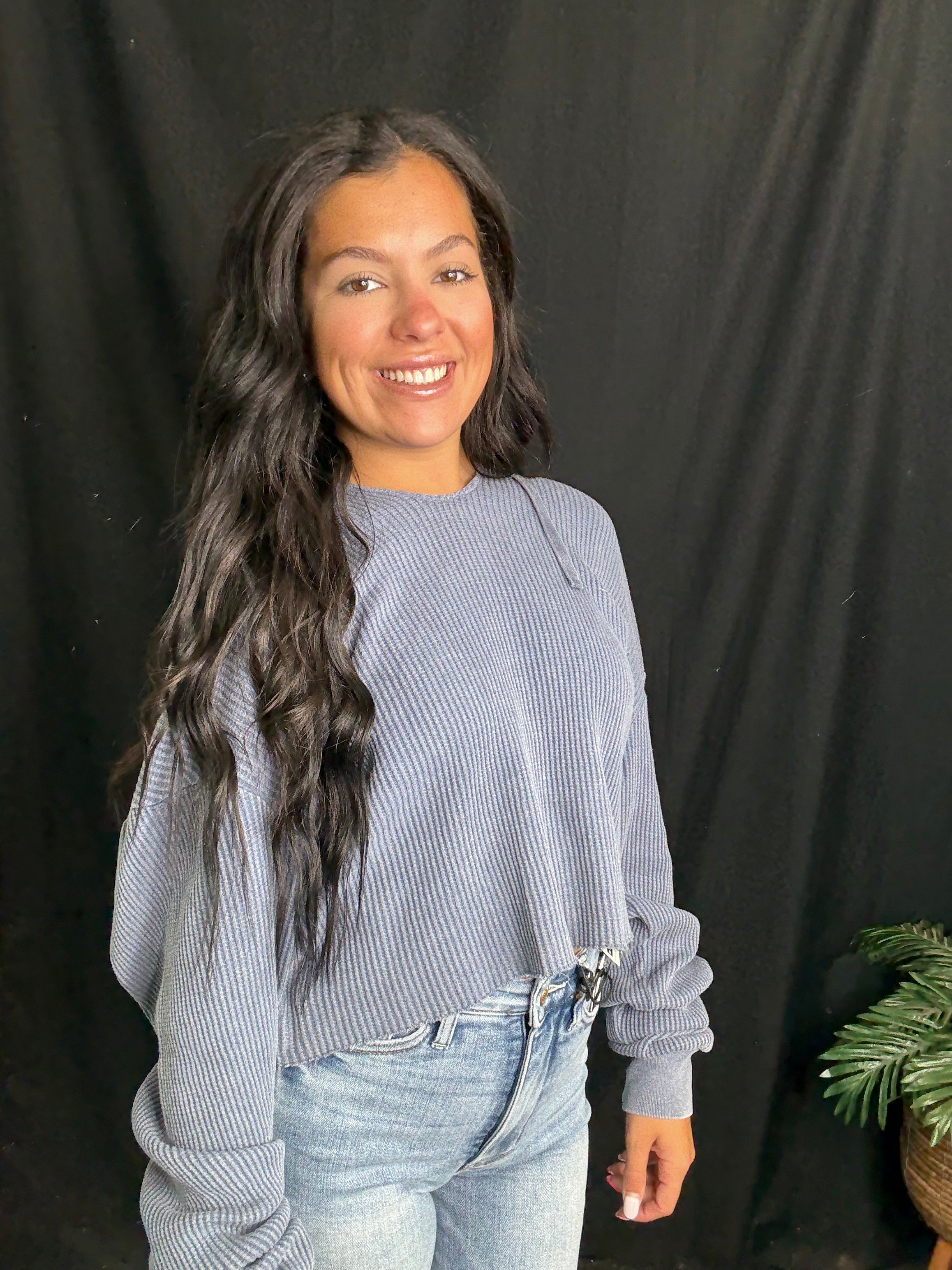 Dusty Indigo Cropped Waffle Hoodie