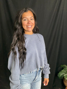 Dusty Indigo Cropped Waffle Hoodie
