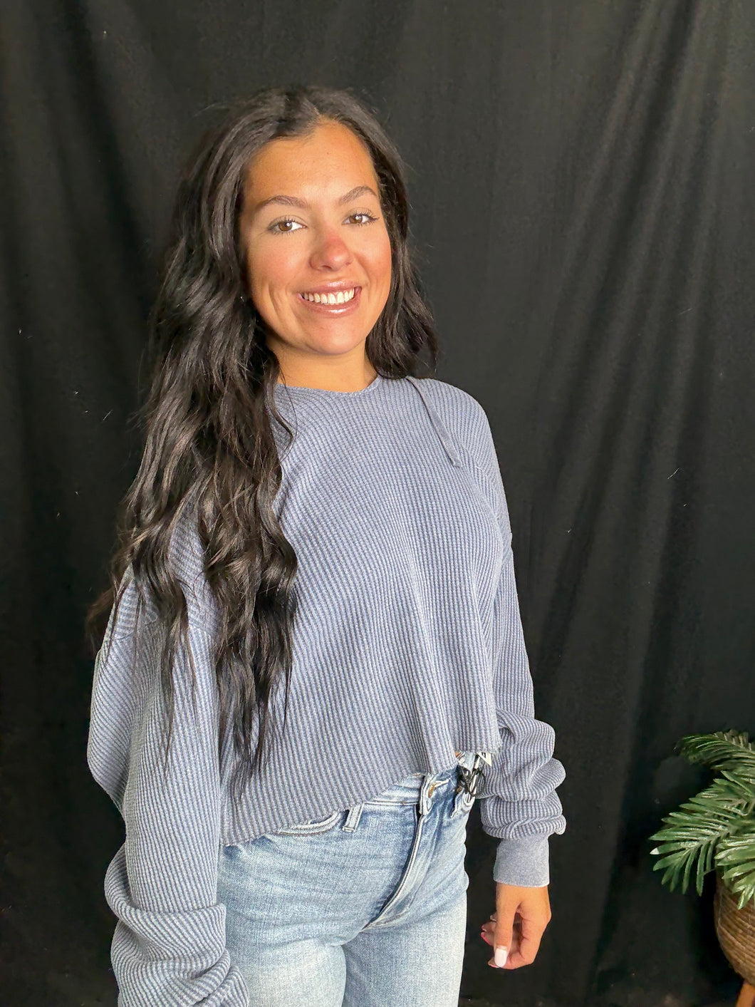 Dusty Indigo Cropped Waffle Hoodie