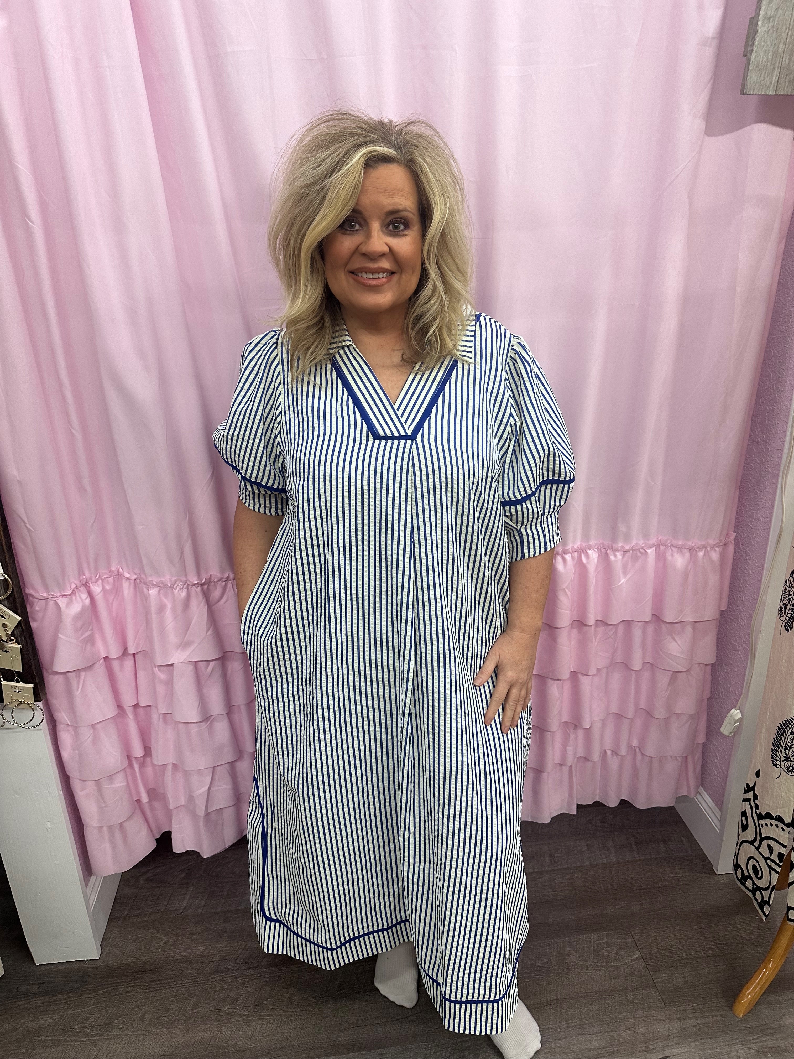 Curvy Navy Striped Midi Dress with Puff Sleeves