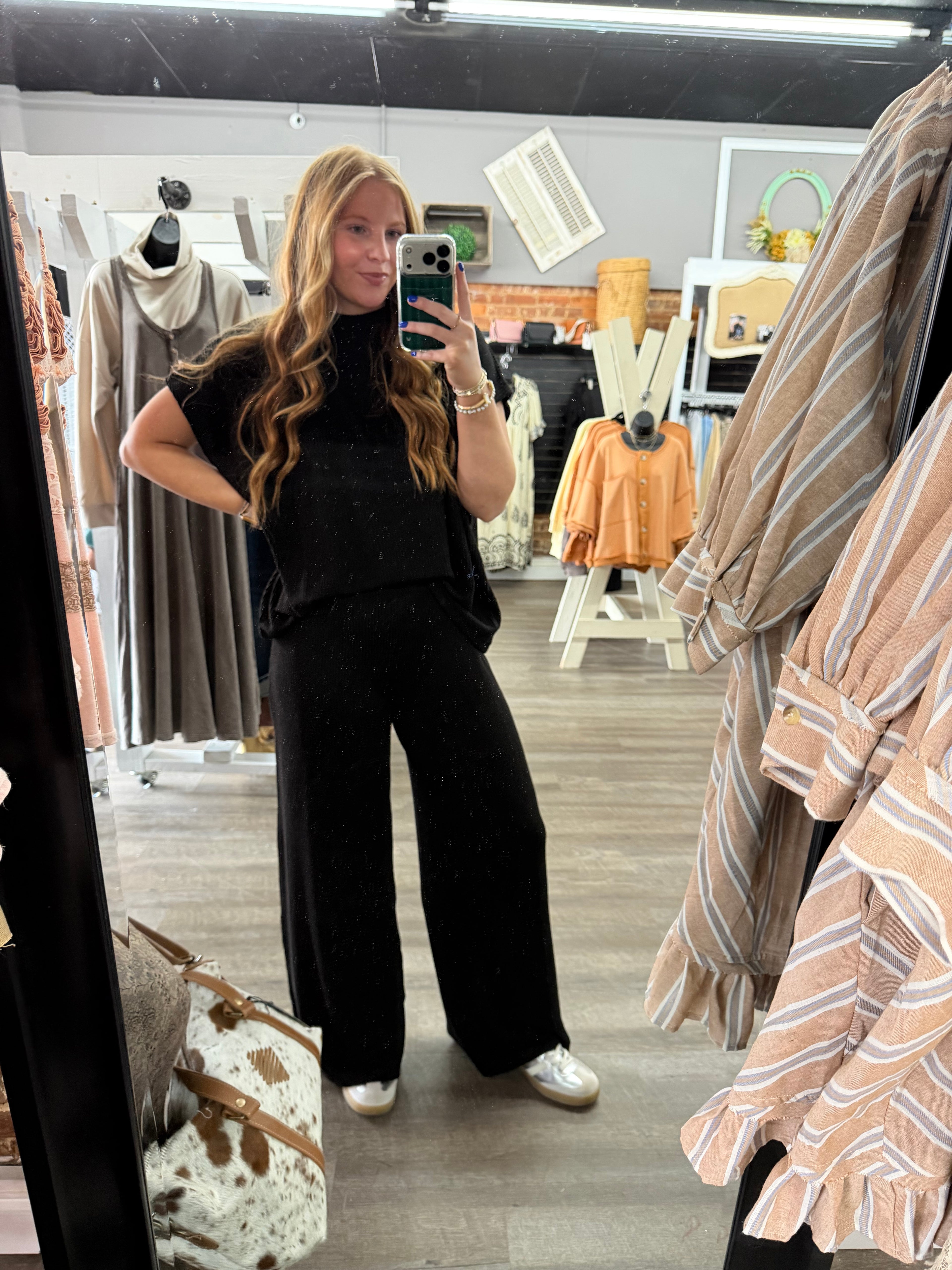 Black Ribbed Mock Neck Set