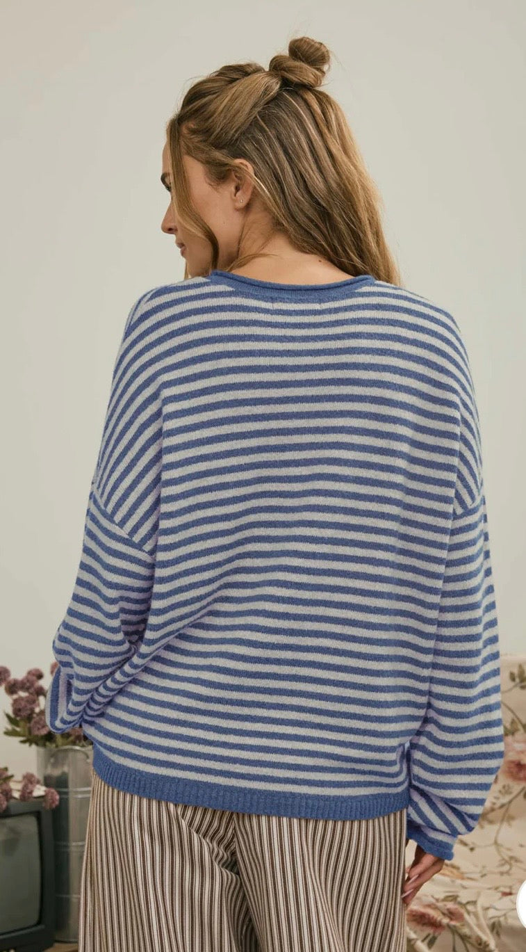 Blue Stripe Henley Sweater Pullover