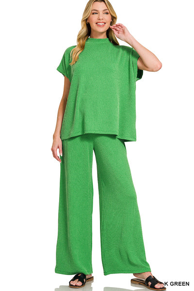 Green Ribbed Mock Neck Set