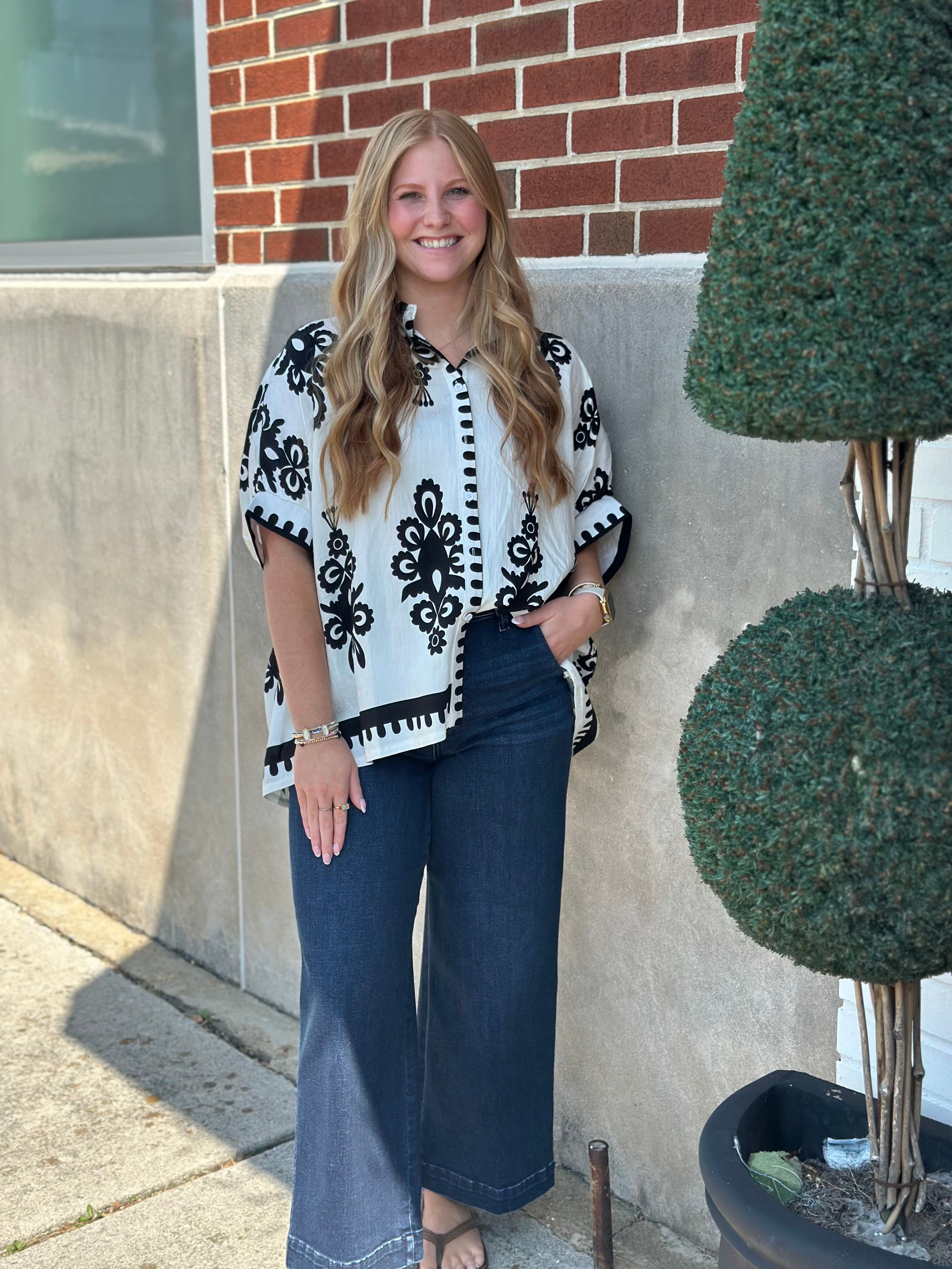 Cream/Black Abstract Print Top