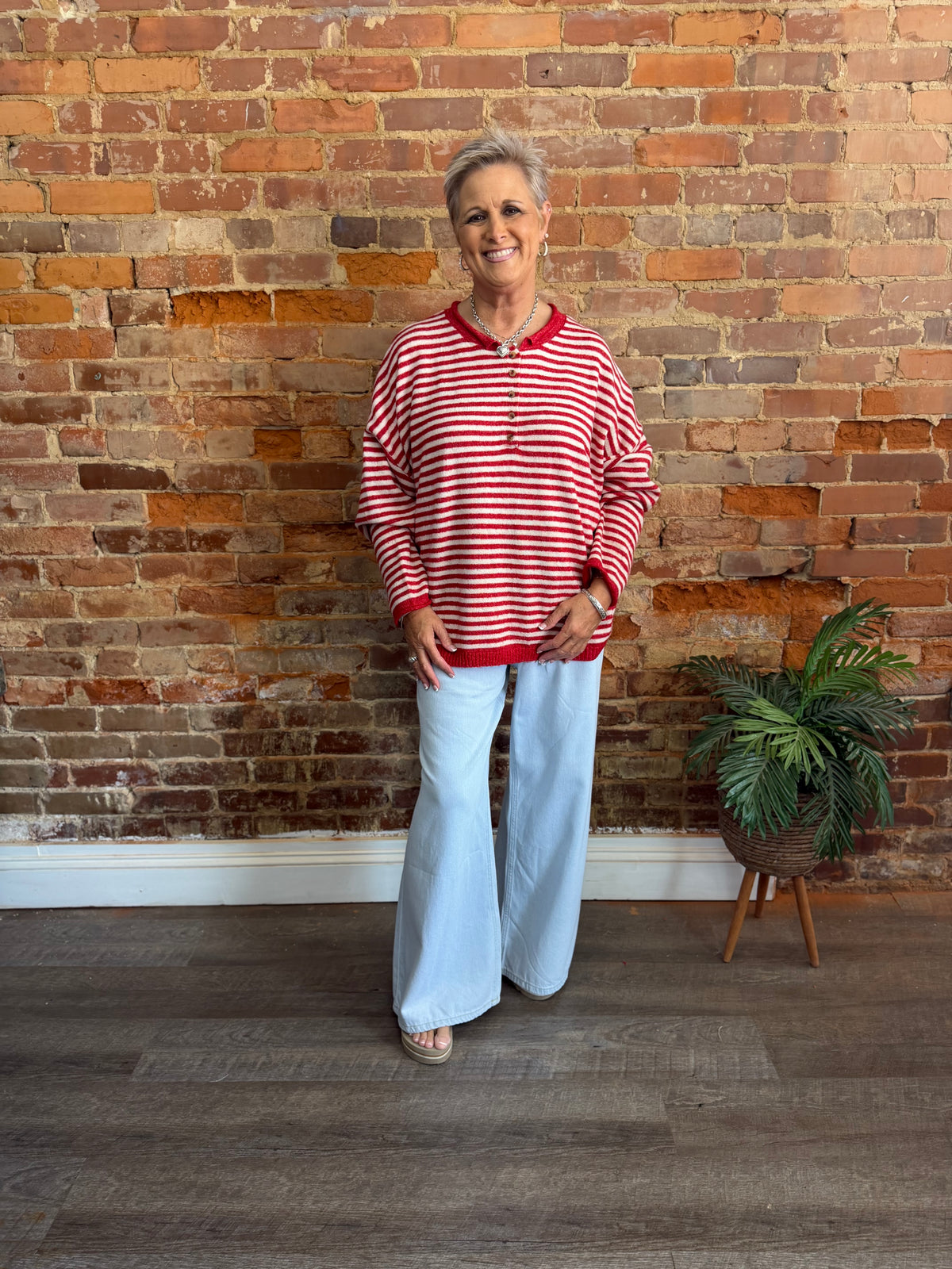 Red Stripe Henley Sweater Pullover