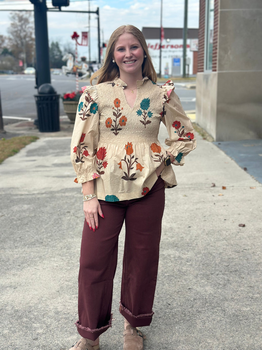 Cream Botanical Print Top
