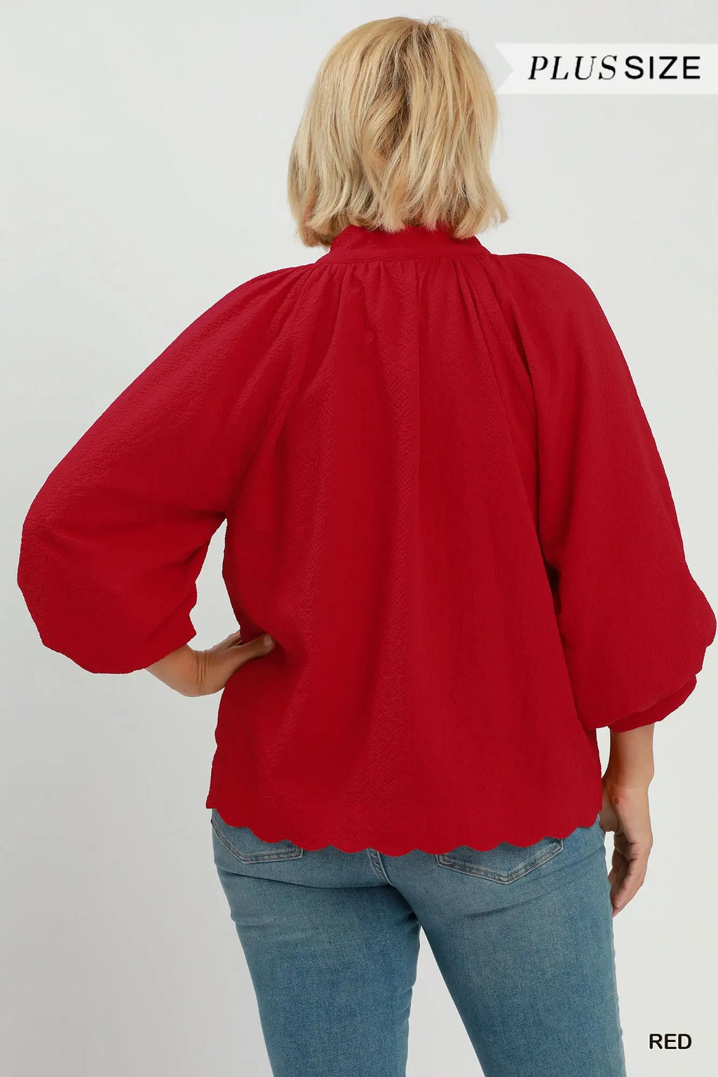 Curvy Red Textured Scalloped Hem Top