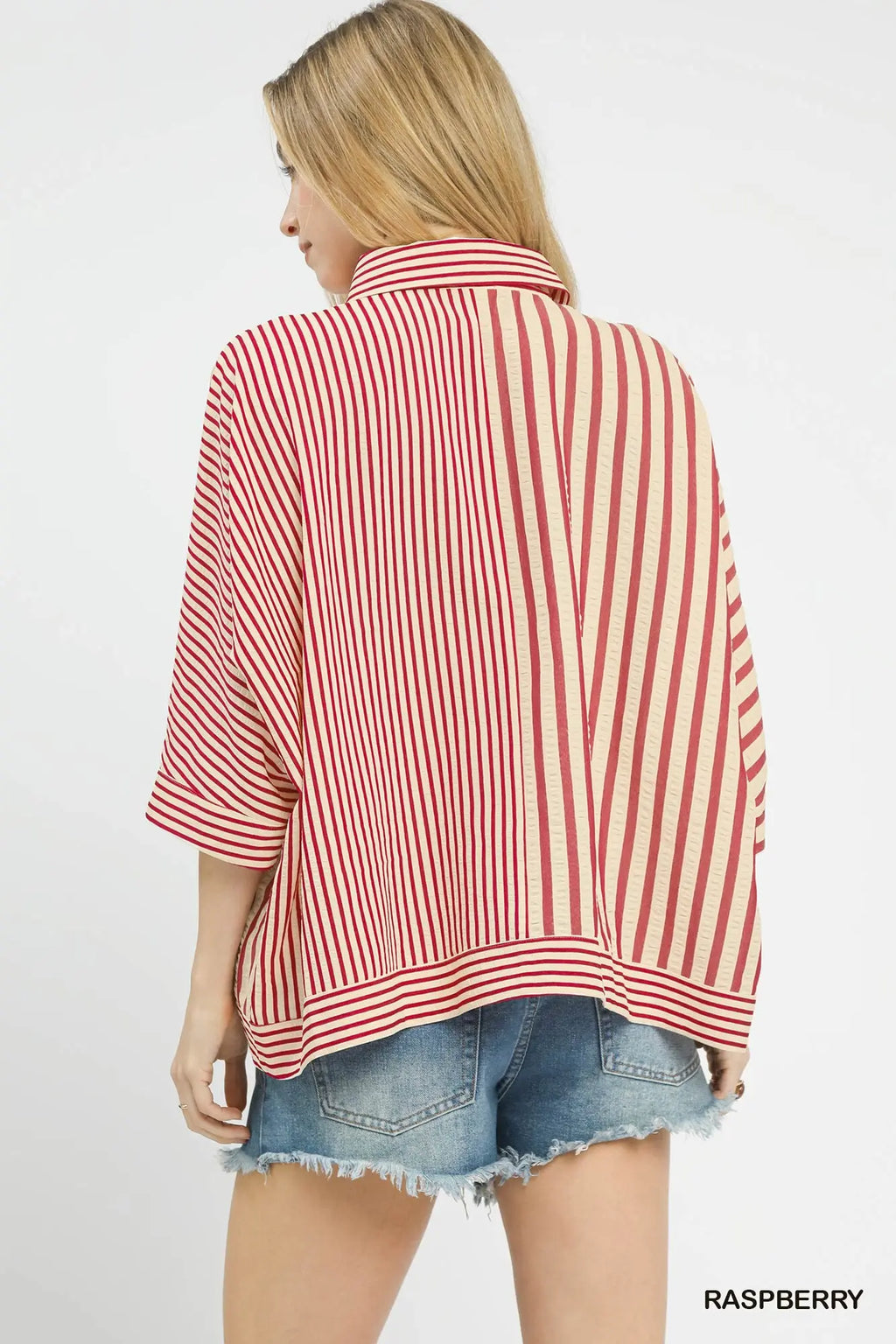 Raspberry Mixed Stripe Button Down