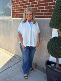 Curvy Blue & White Textured Button Down