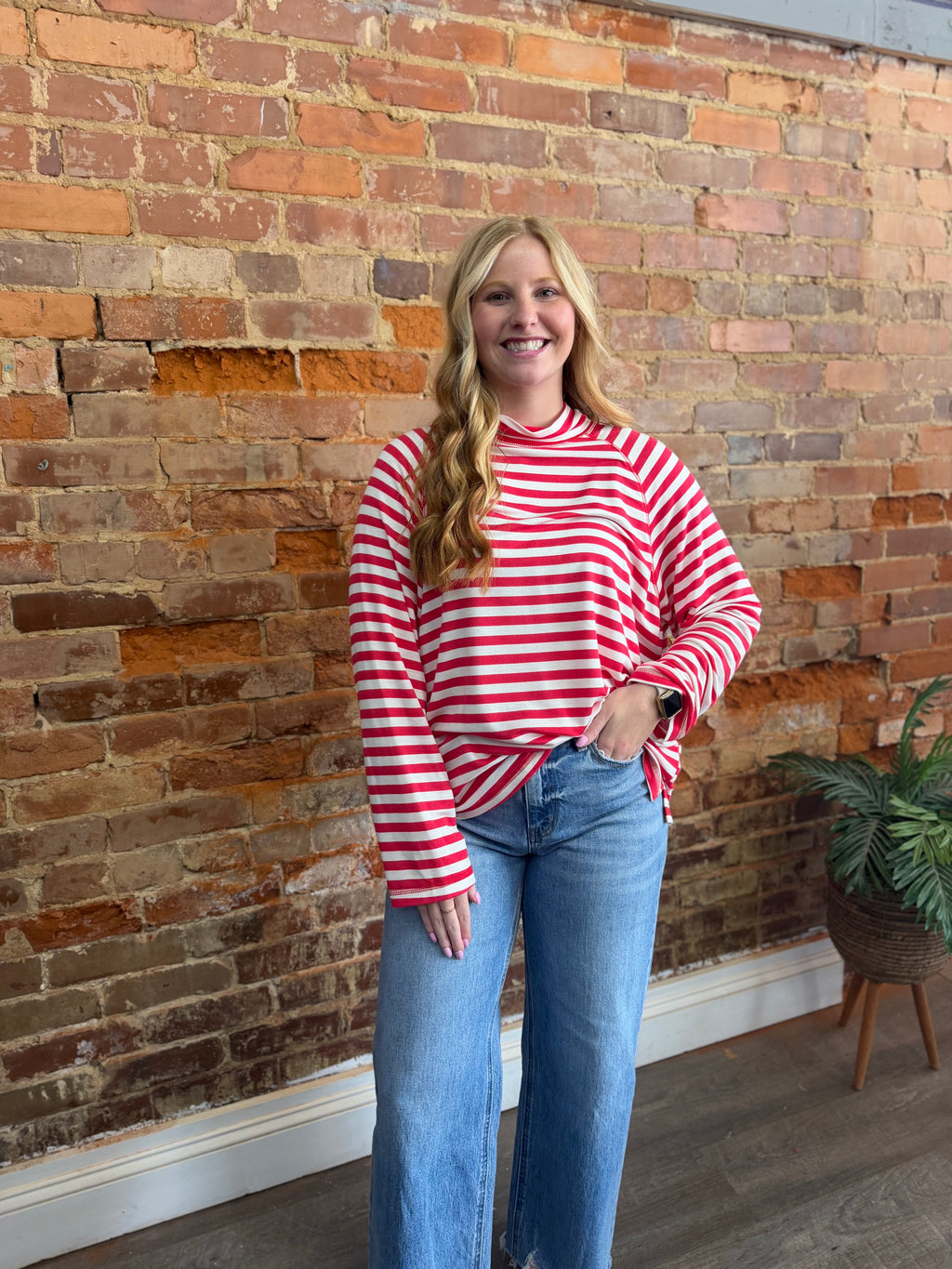 Red Stripe Mock Neck Lightweight