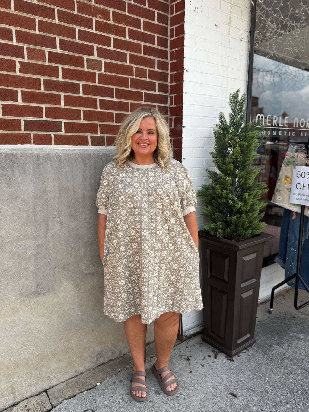Curvy Taupe Floral Textured Dress