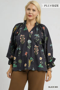 Curvy Floral Ruffle Neck Blouse