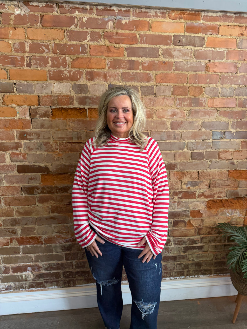 Red Stripe Mock Neck Lightweight