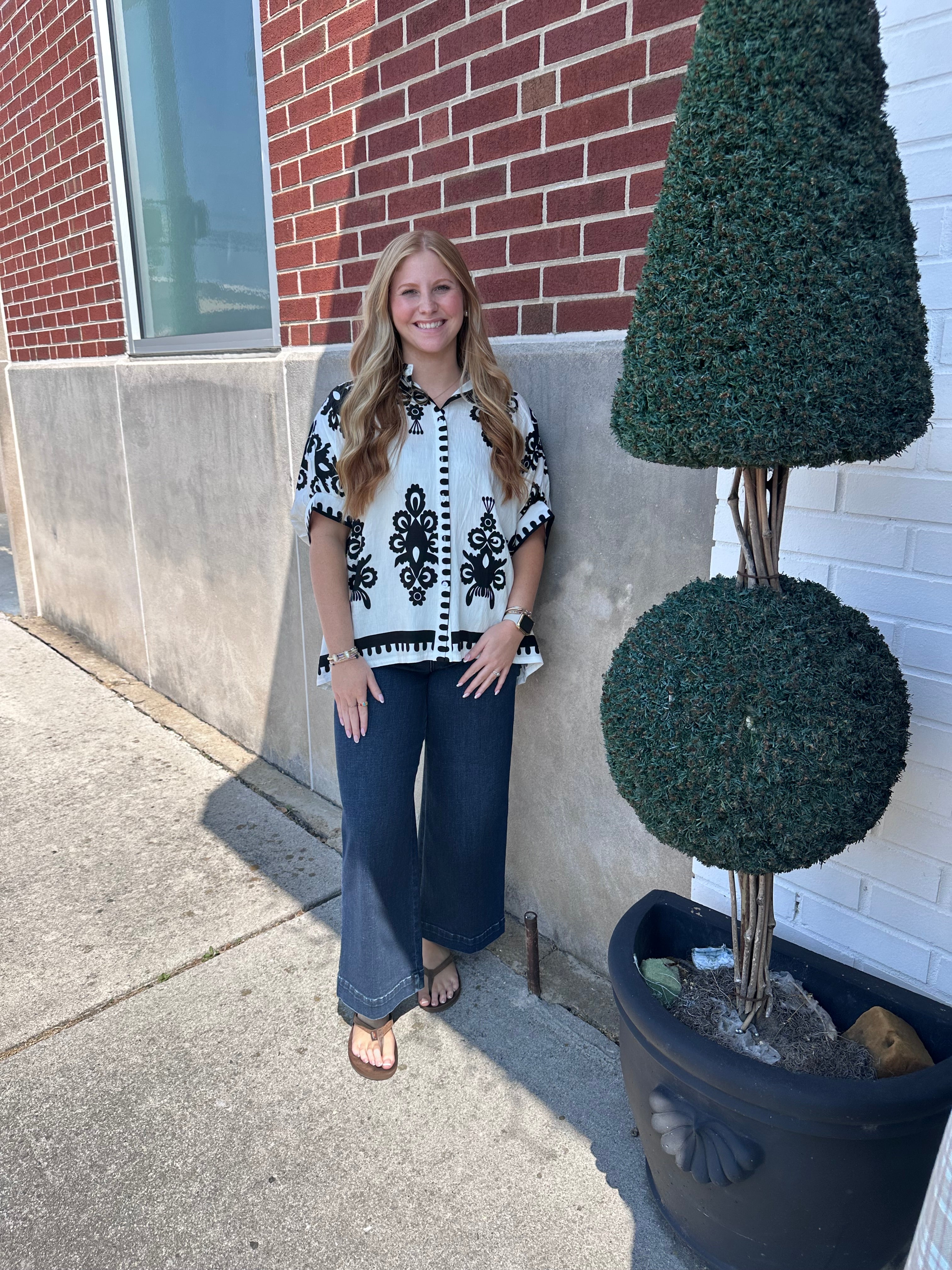 Cream/Black Abstract Print Top