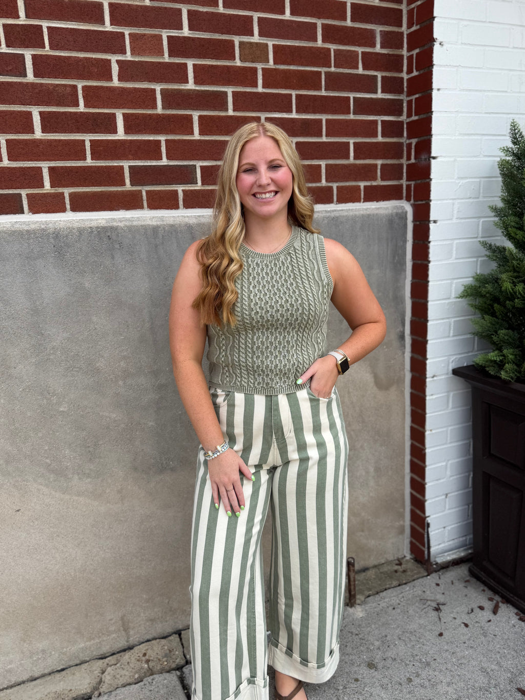 Olive Washed Cable Knit Sleeveless Top