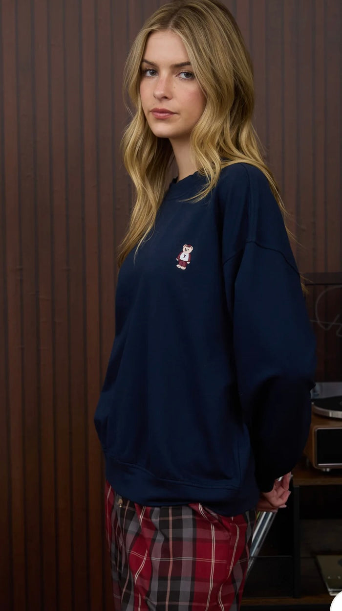 NAVY LONG SLEEVE TEDDY EMBROIDERY KNIT TOP