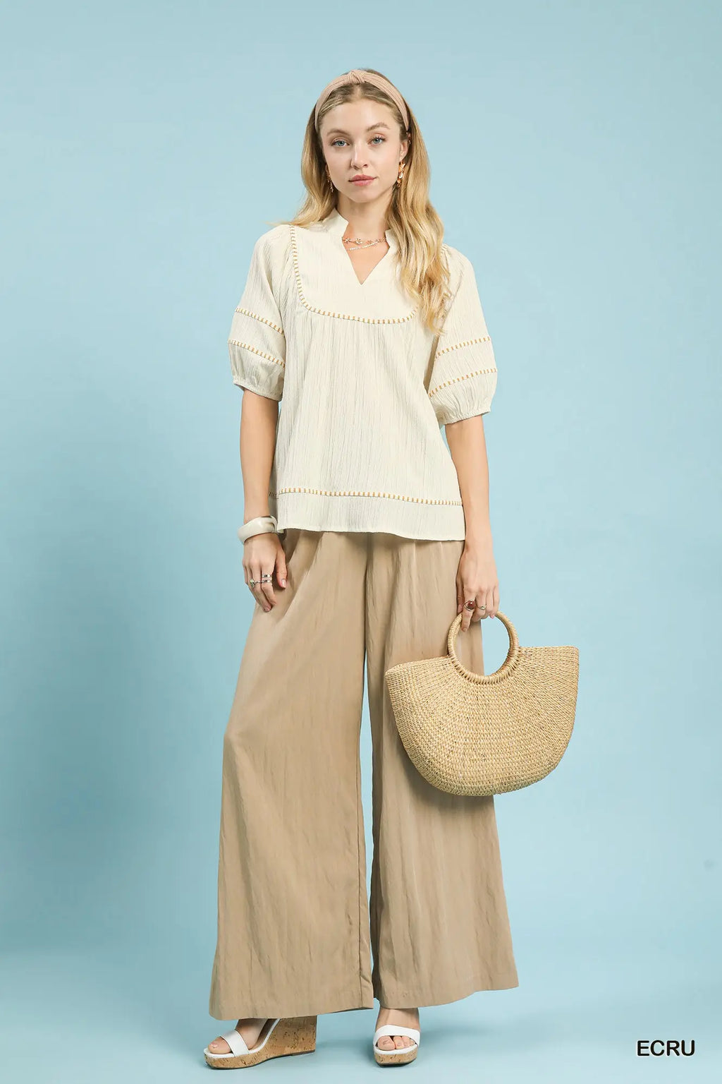 Ecru Puff Sleeve VNeck Top