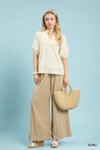 Ecru Puff Sleeve VNeck Top