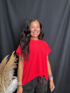 Red Drawstring Linen Blend Top