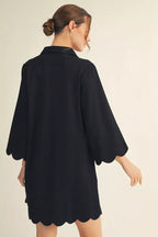 Black 3/4 Sleeve Scallop Hem Dress