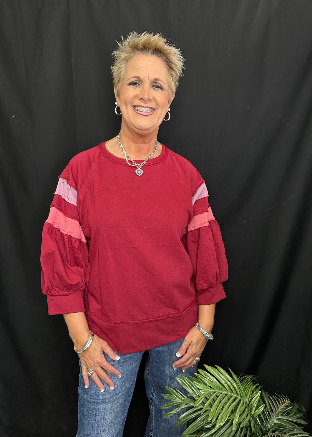 Burgundy Sweatshirt w/Colorblock Sleeve