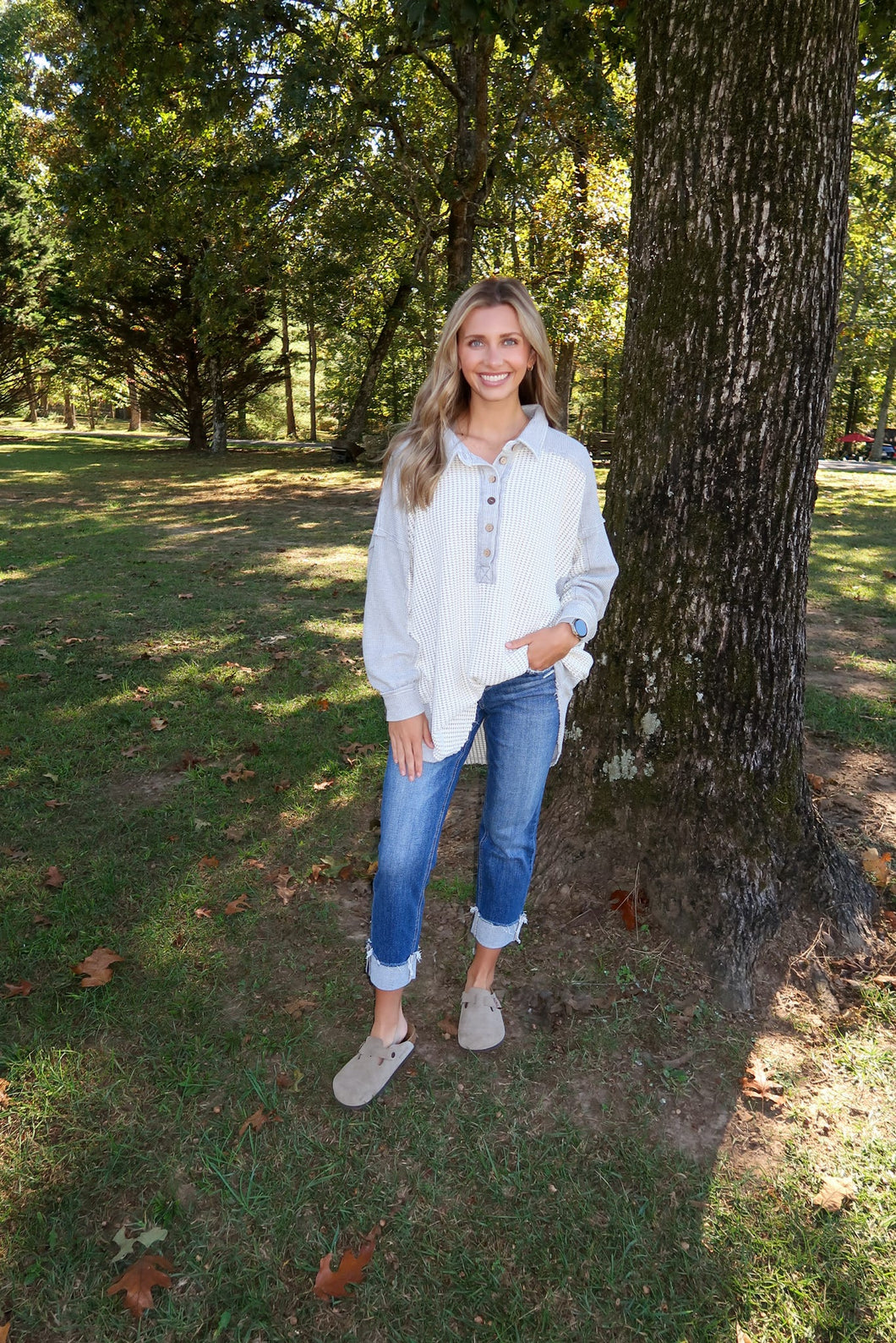 GREY WASHED COLLARED NECK LONG SLEEVE WAFFLE TOP