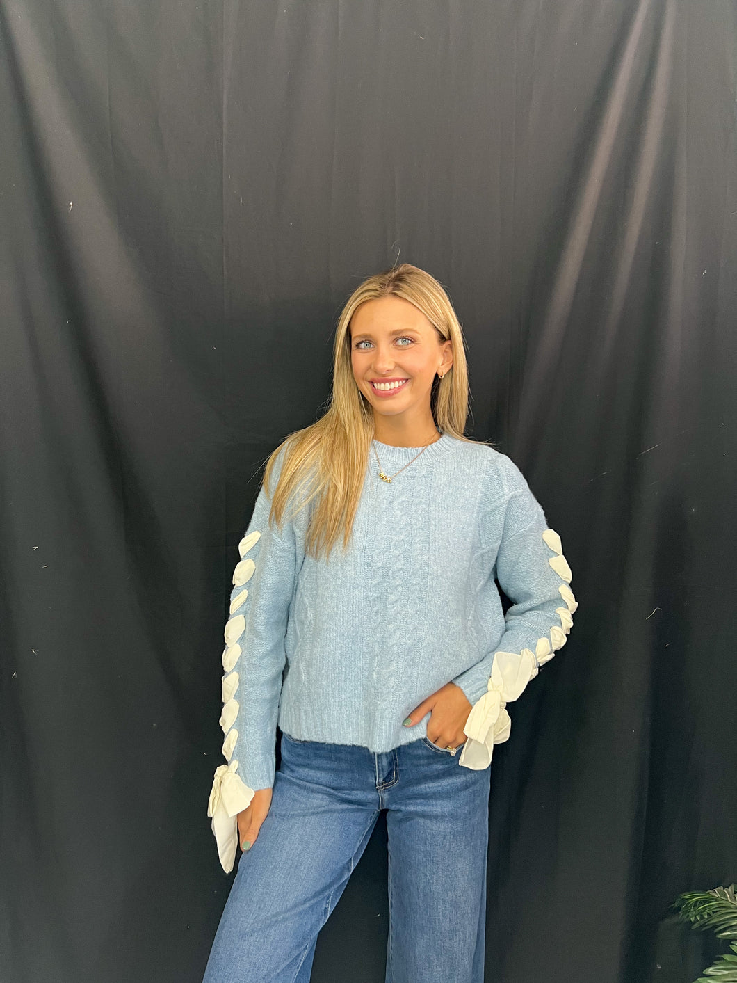 Baby Blue Ribbon Sleeve Sweater