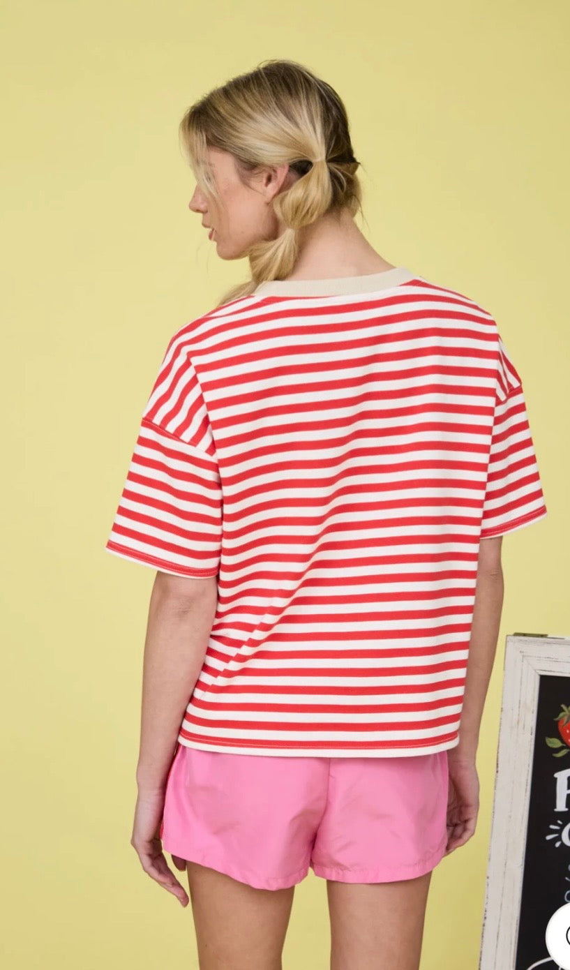 Red STRIPE COLORBLOCK DETAIL SHORT SLEEVE KNIT T-SHIRT