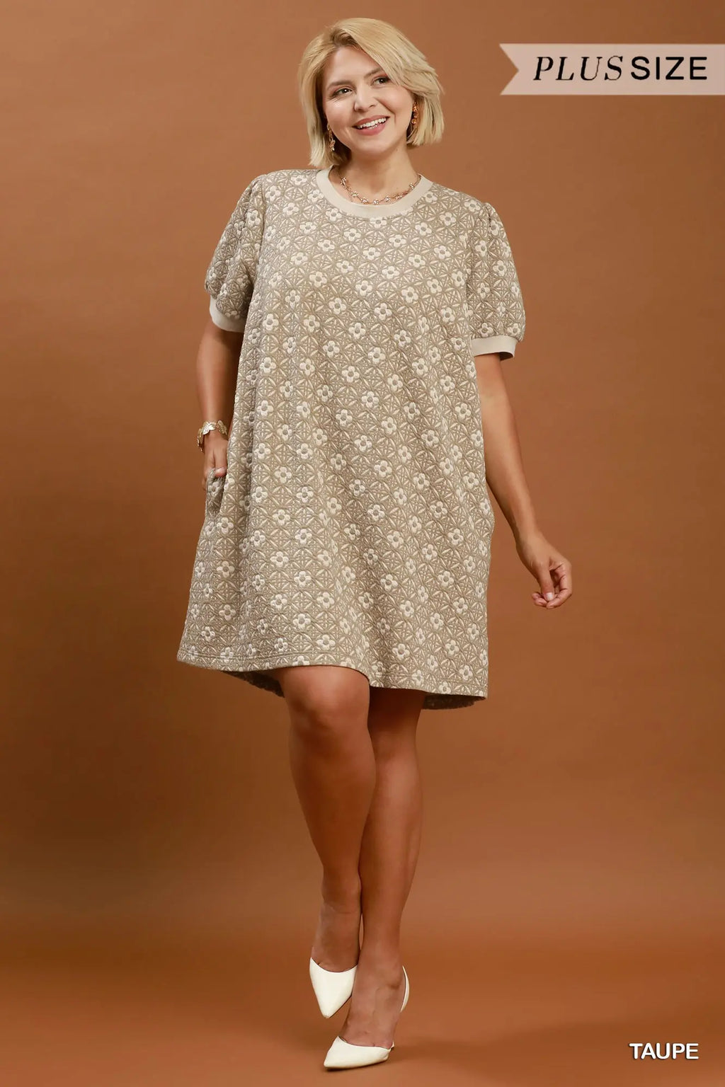 Curvy Taupe Floral Textured Dress