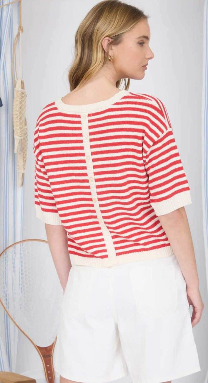 Red Stripe Knit Short Sleeve Sweater