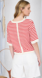 Red Stripe Knit Short Sleeve Sweater