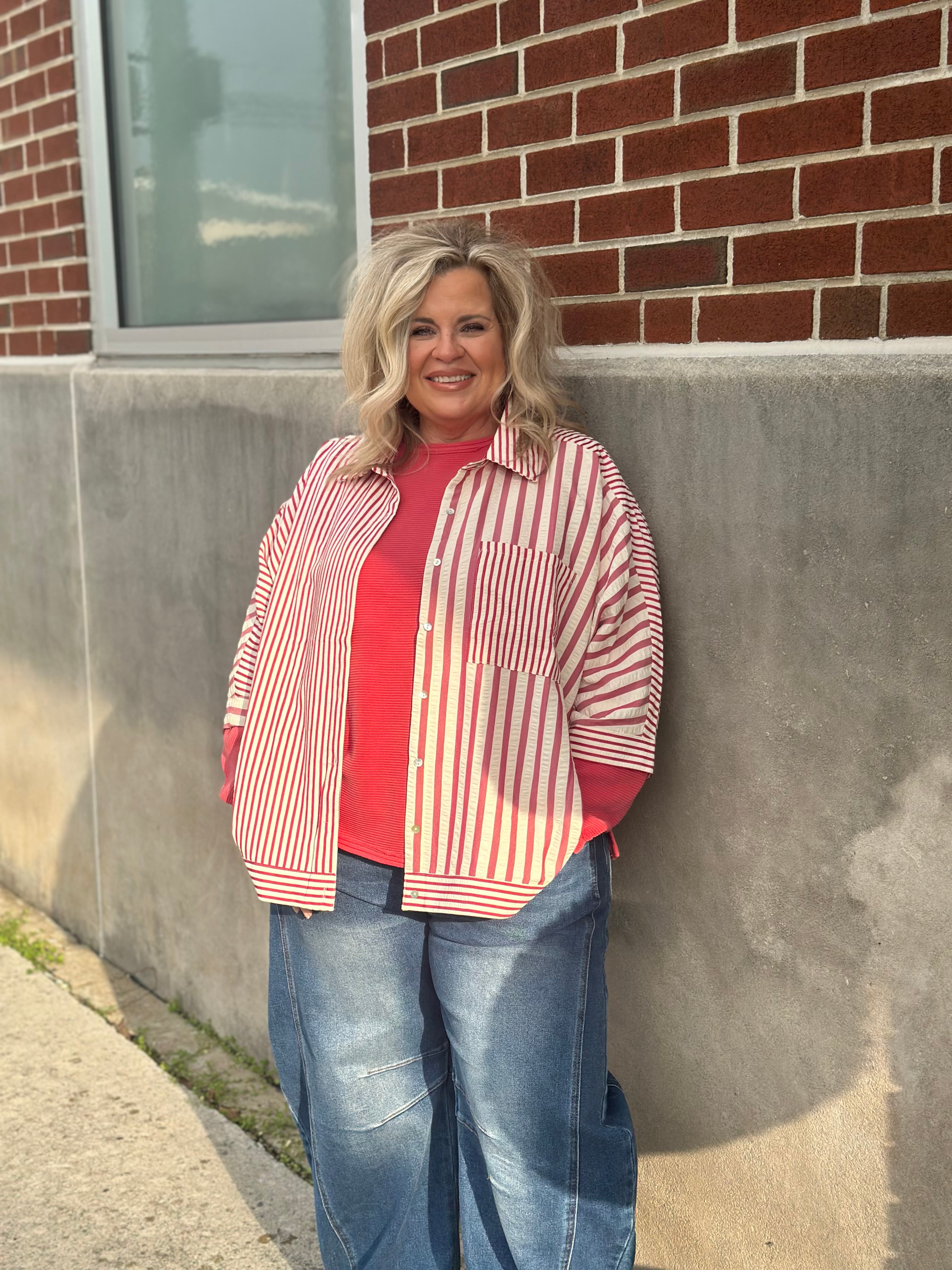 Raspberry Mixed Stripe Button Down