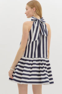 Navy Striped Halter Neck Dress