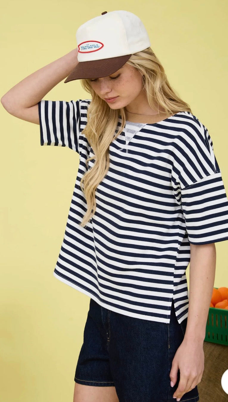 Navy STRIPE COLORBLOCK DETAIL SHORT SLEEVE KNIT T-SHIRT