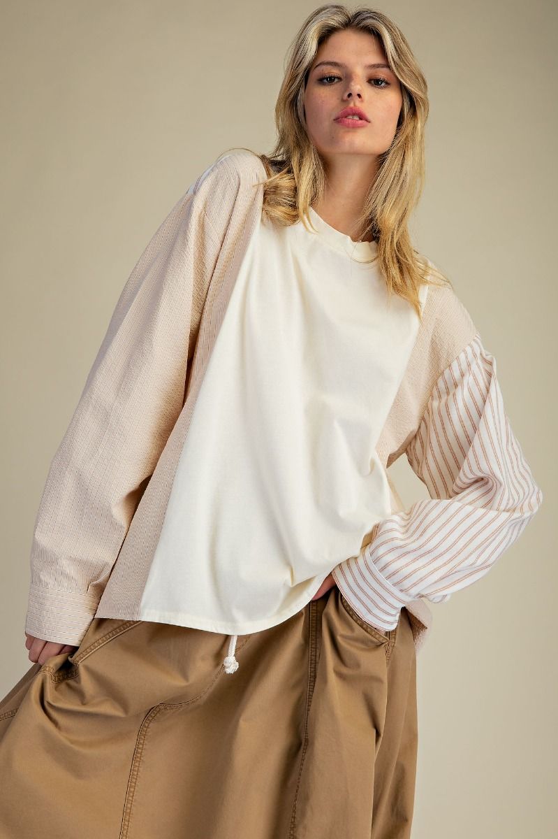 Khaki Striped CrewNeck Top