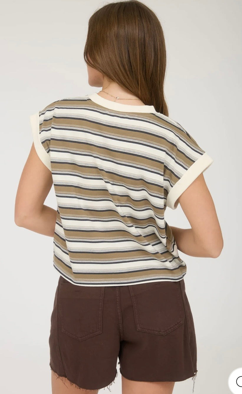 Navy /Tan Multi STRIPE CREWNECK SLEEVELESS KNIT TOP
