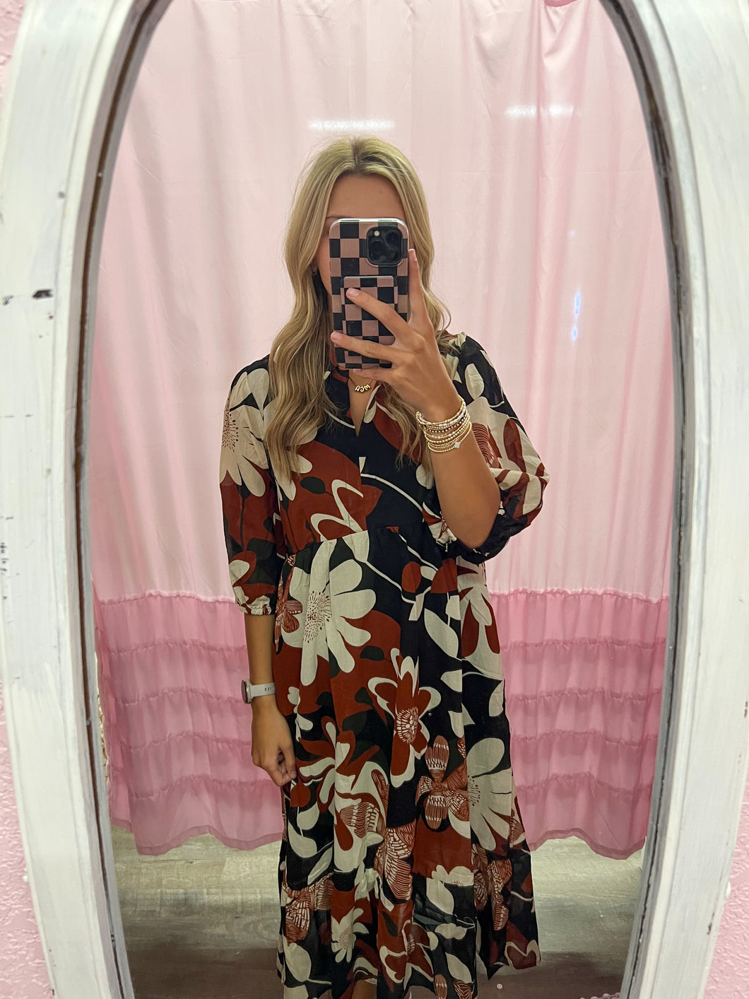 Rust Floral Midi Dress