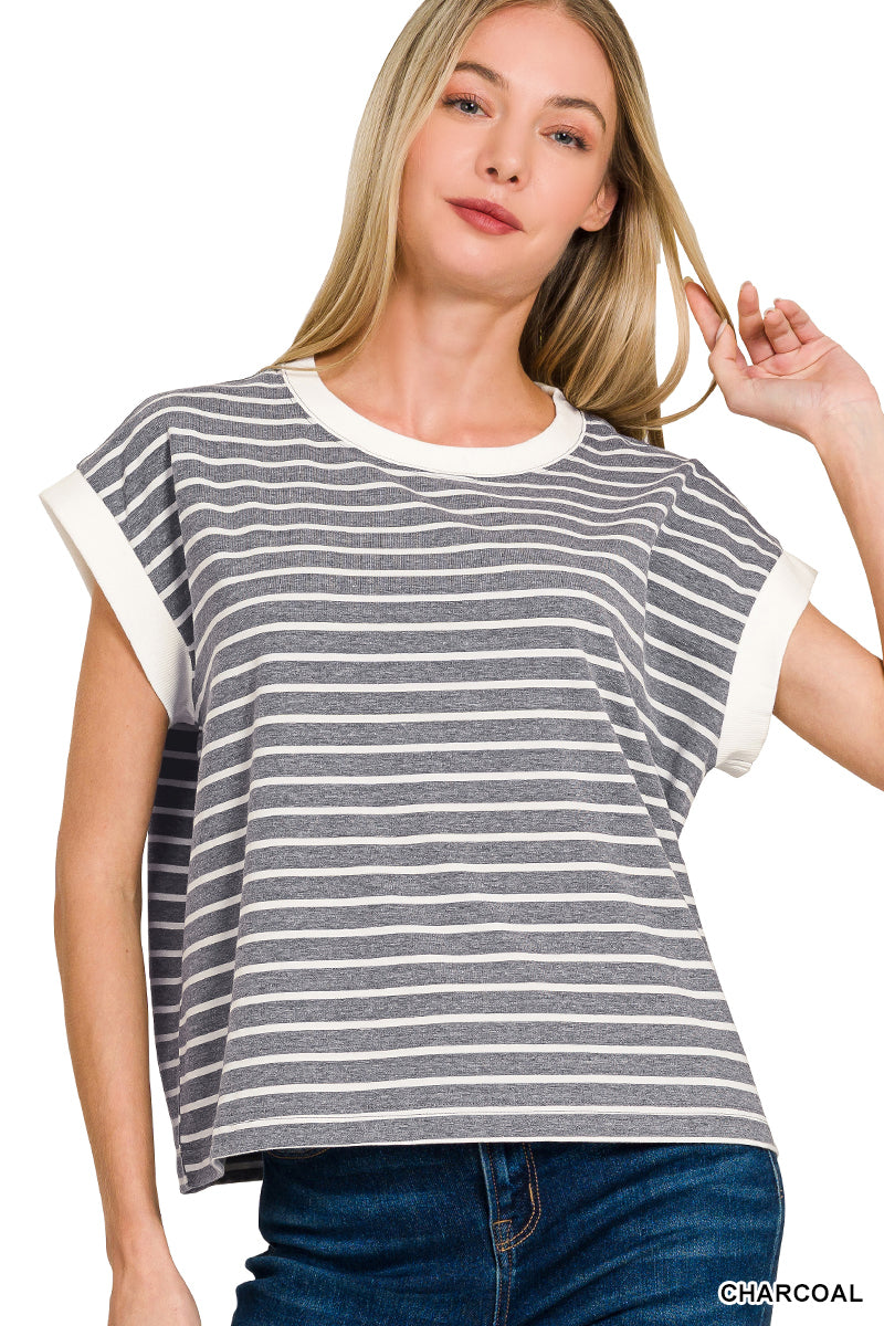 Charcoal Striped Contrast Shorts Set